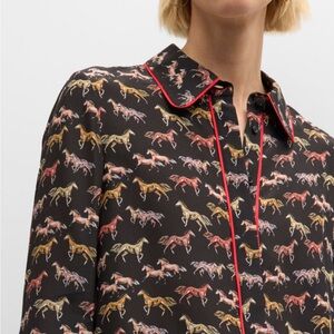Alice + Olivia Black Horse Print Shirt with Red Trim